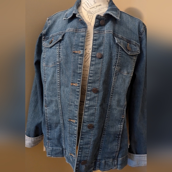 XL Croft & Barrow Jean Denim Long Striped Sleeve Button Jacket Blazer - Picture 1 of 16